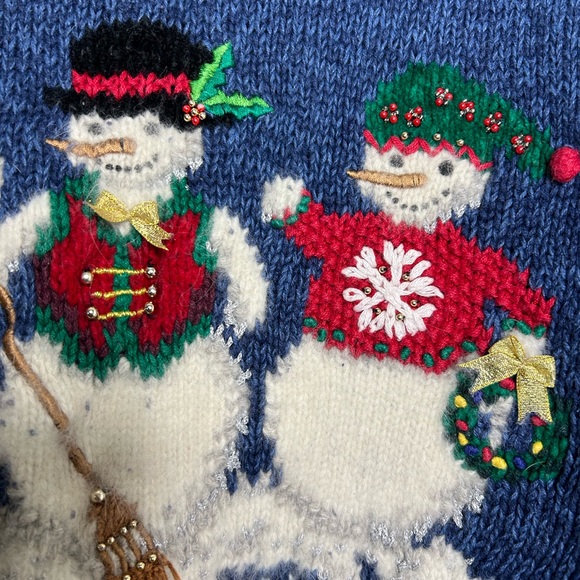 MARISA CHRISTINA VINTAGE CHRISTMAS SWEATER BLUE WITH THREEE SNOWMAN EMBROIDERED - Picture 7 of 7